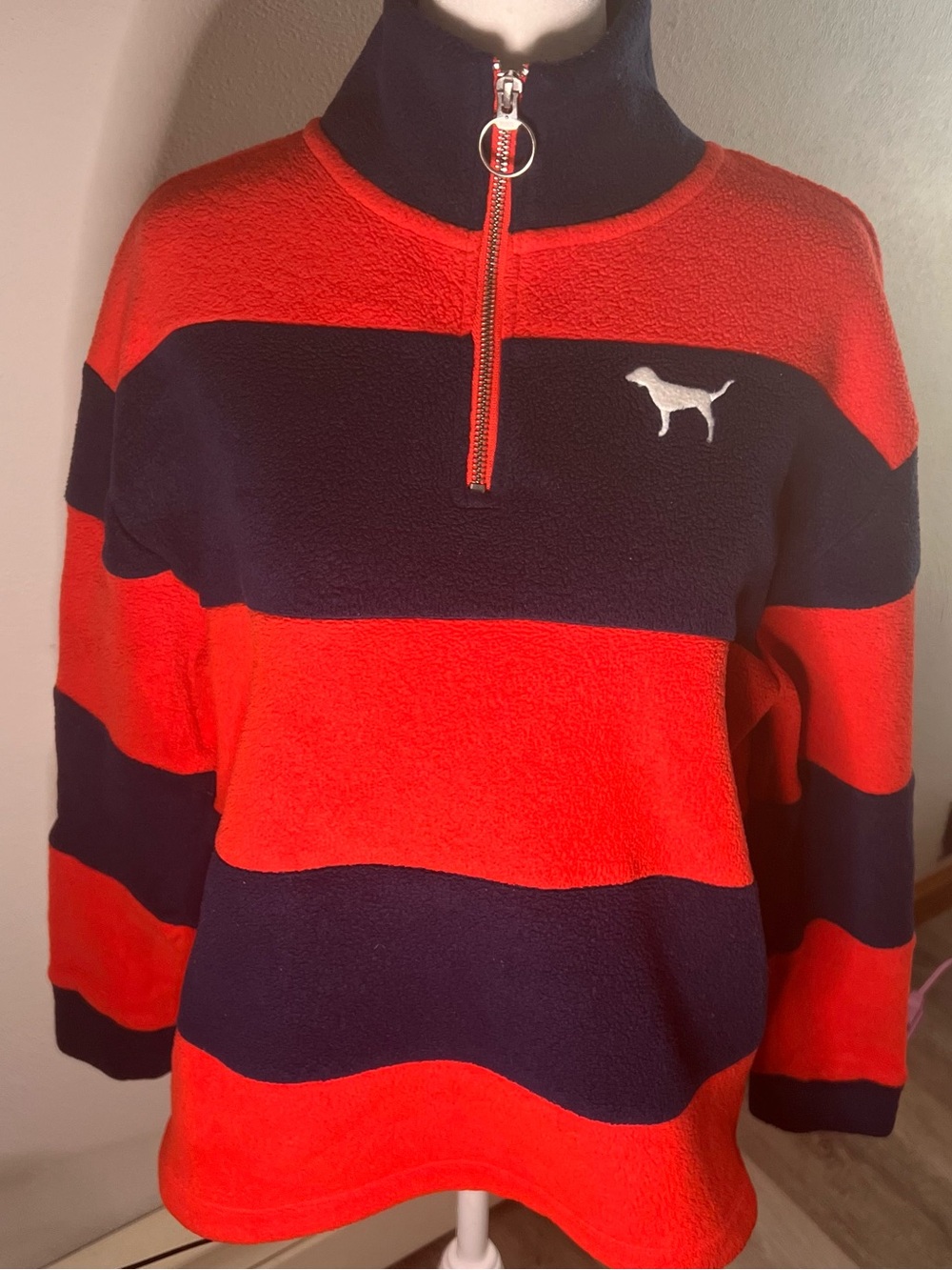 PINK Victoria's Secret Red & Navy Striped Half-Zip Fleece Pullover